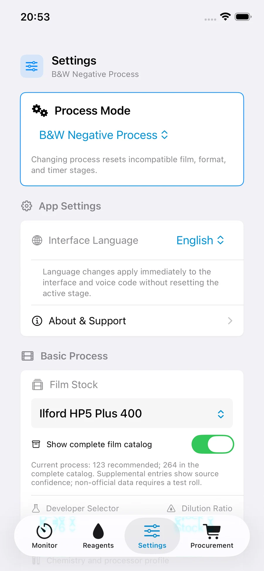 FilmDevMonitor settings for process, film, tank, format, agitation, and working volume.