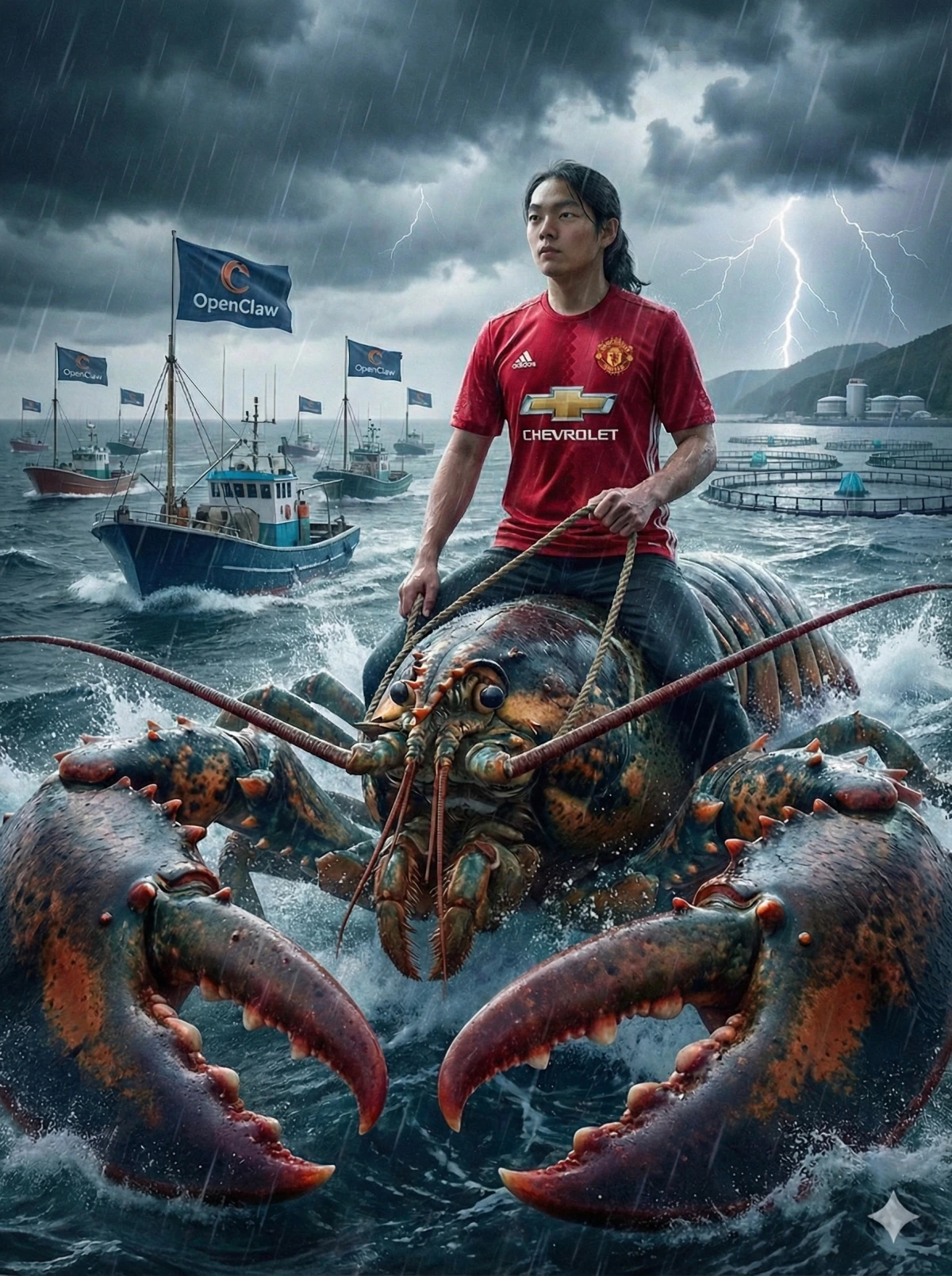 A surreal self-portrait of Liao Chenyan riding a giant lobster through a stormy sea.